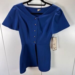 NWT Vintage Texfi West Top, Royal‎ Blue, Butterfly Sleeve, Button Front, Size 9